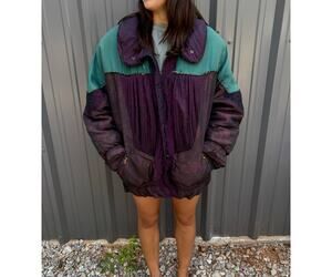 80's Vintage green and purple Izzi puffer coat with floral Woman's S